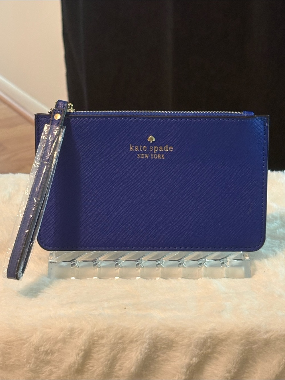 kate spade Royal Blue Saffiano Wristlet with Gold Logo